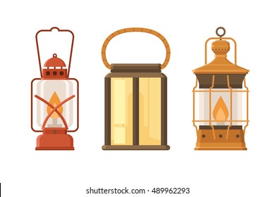 Vintage oil lantern set isolated on white background. Different camping lamp collection. Modern and retro lanterns vector illustration. Various handle gas lamps for tourist hiking. Vintage oil lantern