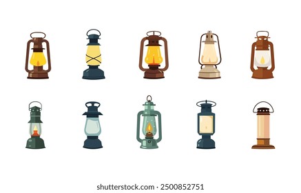 Conjunto de Vector de linterna de aceite de Antiguas, Ilustración vectorial de lámpara de queroseno, colección de lámpara de camping retro, arte de Clip de lámpara de gas antiguo, aislado sobre fondo blanco