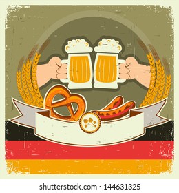 vintage oktoberfest background with hands and beers.Vector illustration on old paper for text