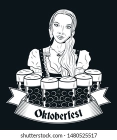 Vintage Oktoberfest banner or label with waitress in national clothes carrying six beer glasses. Oktoberfest German beer festival design concept in vintage style with gothic text. Vector illustration