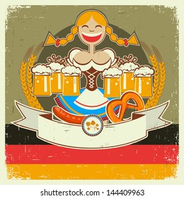 Vintage oktoberfest poster label with girl and beer on old paper texture for text
