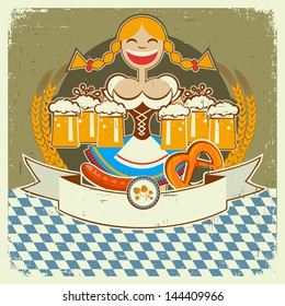 Vintage oktoberfest symbol label with girl and beer on old paper texture for text