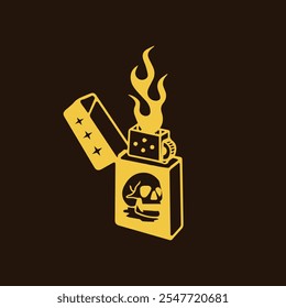 Vintage old ancient classic Metal Gas Lighter, Skull Design, Modern Tattoo Style Vector Illustration