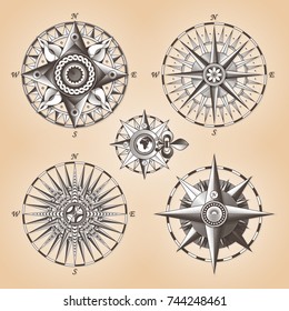 Vintage Old Antique Nautical Compass Rose. Vector Sign Label Emblem.