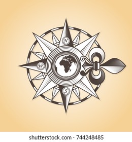 Vintage old antique nautical compass rose. Vector sign label emblem.