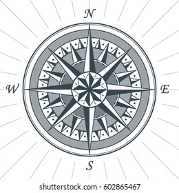 Vintage old antique wind rose nautical compass sign label emblem element. Vector illustration.