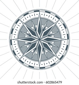 Vintage old antique wind rose nautical compass sign label emblem element. Vector illustration.