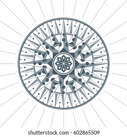 Vintage old antique wind rose nautical compass sign label emblem element. Vector illustration.