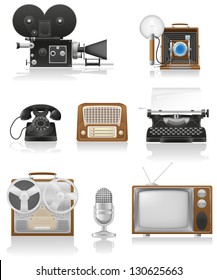 vintage and old art equipment set icons video photo phone recording tv radio writing vector illustration isolated on white background