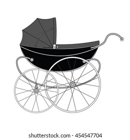 Vintage old authentic vintage stroller with big wheels for little newborn baby.