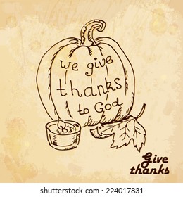 Vintage old background with pumpkin. Hand drawing. Vector illustrations