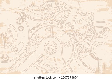 Vintage old beige background with gears from the clockwork.