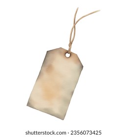 Vintage Old Blank Price Tag with String Isolated Hand Drawn Watercolor Painting Illustration
