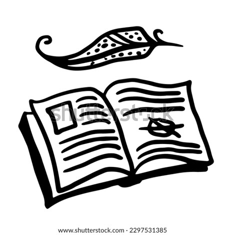 Vintage old book and retro ink pen, feather. Quill pen ink. Hand drawn doodle style vector illustration. Education, story telling, literature concept.
