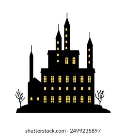 Vintage old castle silhouette with lights in rooms. Vector isolated Halloween haunted house. Dark atmosphere mansion with bare trees in garden. Gothic fortress or building architecture design