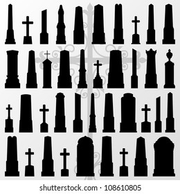 Vintage old cemetery crosses and gravestones detailed silhouettes illustration collection background vector