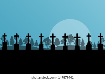 Vintage old cemetery crosses and graveyard cross silhouettes detailed illustration landscape vector background