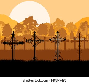 Vintage old cemetery crosses and graveyard cross silhouettes detailed illustration landscape vector background