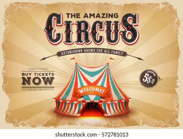 Vintage Old Circus Poster With Grunge Texture/
Illustration of a retro and vintage circus poster background, with red and blue big top, elegant titles, grunge texture and floral patterns