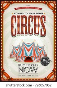 Vintage Old Circus Poster/
Illustration of a retro and vintage circus poster background, with red and blue big top, elegant titles and grunge texture