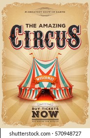 Vintage Old Circus Poster With Red And Blue Big Top/
Illustration Of A Retro And Vintage Circus Poster Background, With Red And Blue Big Top, Elegant Titles, Grunge Texture And Floral Patterns