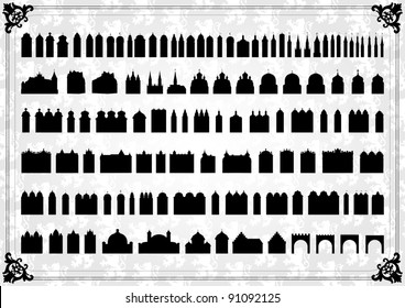 Vintage old city buildings, churches, towers, castles and gates illustration collection background vector