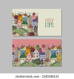 Antigua ciudad vintage, bonitas casas. Concepto de arte para tu negocio. Ideas creativas para tarjetas, banner, web, materiales promocionales. Plantilla de identidad corporativa. Ilustración del vector