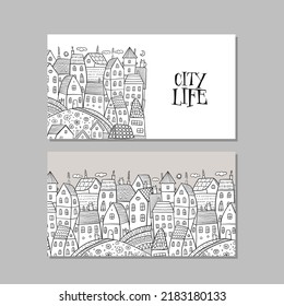 Vintage old city, cute houses. Concept art for your business. Creative ideas for cards, banner, web, promotional materials. Corporate identity template. Vector illustration