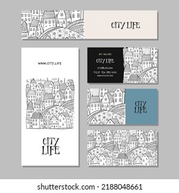 Vintage old city, cute houses. Concept art for your business. Creative ideas for cards, banner, web, promotional materials. Corporate identity template. Vector illustration