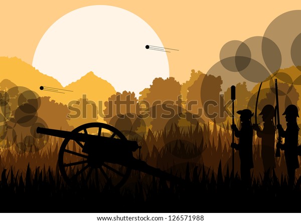 森林の山水イラスト背景に古い内戦の戦場での戦闘兵士部隊と砲兵の大砲のイラストベクター画像 のベクター画像素材 ロイヤリティフリー