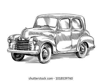 Vintage old classic car. Vector engraved detailed line art illustration cute