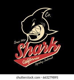 Vintage old color effect isolated tee print vector design. Premium quality superior shark retro professional logo concept illustration. Savage predator fish mascot t-shirt varsity surfing wear emblem.