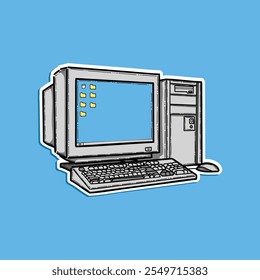 Vintage old computer with mouse and keyboard. Y2K computer, hand drawn doodle. Vector illustration design isolated in a blue background