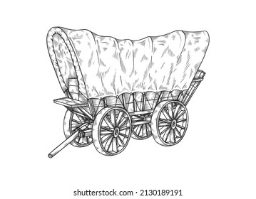 Vintage old covered with tent Western wagon with shafts and without horse, sketch or engraving style vector illustration isolated on white background.