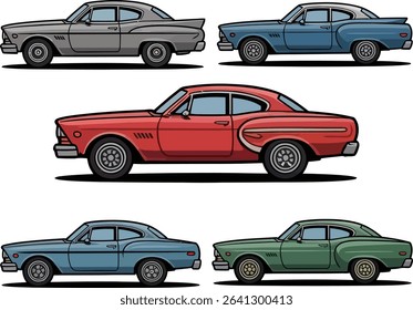 Vintage Old Days Car design set. Classic Model cars Design.