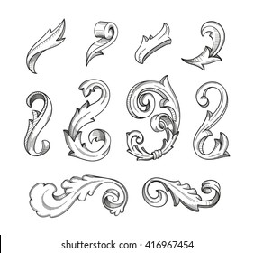 Vintage old fashion vector swirl designs collection. Baroque flourishes with stroked shades isolated on white. Hand drawn ornamental rococo floral twirls set. 