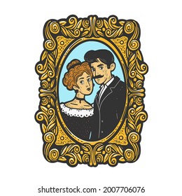 Vintage old fashioned photo of a married couple color line art sketch engraving vector illustration. T-shirt apparel print design. Scratch board imitation. Black and white hand drawn image.