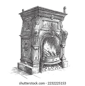 Vintage old fireplace sketch hand drawn engraved style Vector illustration.