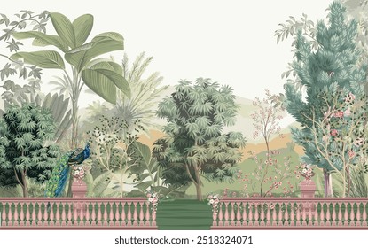 Vintage old forest jungle illustrations. Exotic green jungle background and wallpaper. Forrest