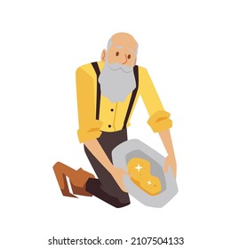 Vintage Old Gold Miner Or Prospector Male Cartoon Character, Flat Vector Illustration Isolated On White Background. West American Gold Rush Or Fever Concept.