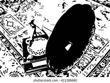 Vintage, old gramophone black and white background texture