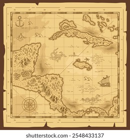 Vintage old grunge paper fantasy map pirate treasure map worn parchment with ships with compass wind rose