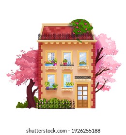 Fachada de la vieja casa vintage, construcción de juguetes vectoriales, ilustración exterior con ventanas, árboles, entrada, techo. Vista frontal de la ciudad europea de primavera, arquitectura suburbana tradicional. Casa retro vintage de los Países Bajos 