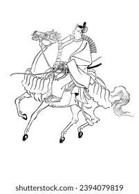 Vintage old Japanese art drawing , Shogun ,high level soldier riding a horse   