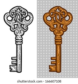 Vintage Old Key. Engraving Retro Illustration. Isolated Object.