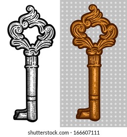 Vintage Old Key. Engraving Retro Illustration. Isolated Object.