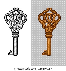 Vintage Old Key. Engraving Retro Illustration. Isolated Object.