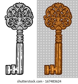 Vintage old key. Engraving retro illustration. Isolated object.
