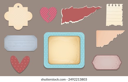 Klassische alte Etiketten gesetzt. Design-Elemente zerrissen, Rahmen, Herz.