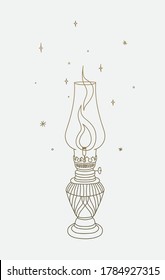 Vintage old lantern lamp on white background. Vector linear illustration.